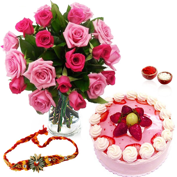 Strawberry Cake with Pink Roses and Rakhi