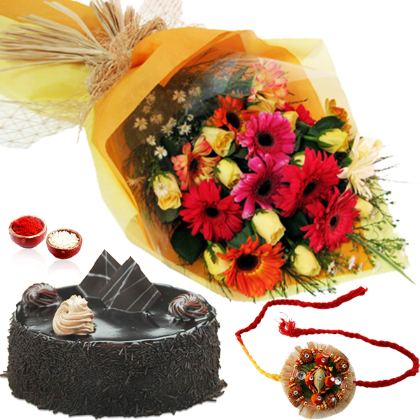 Roses and Gerberas Bouquet with Chocolate Cake and Rakhi