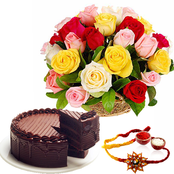 Mix Roses with Rakhi and Chocolate Cake