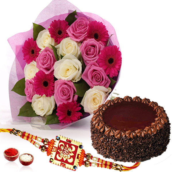 Flower Bouquet with Choco-chips Chocolate Cake and Rakhi