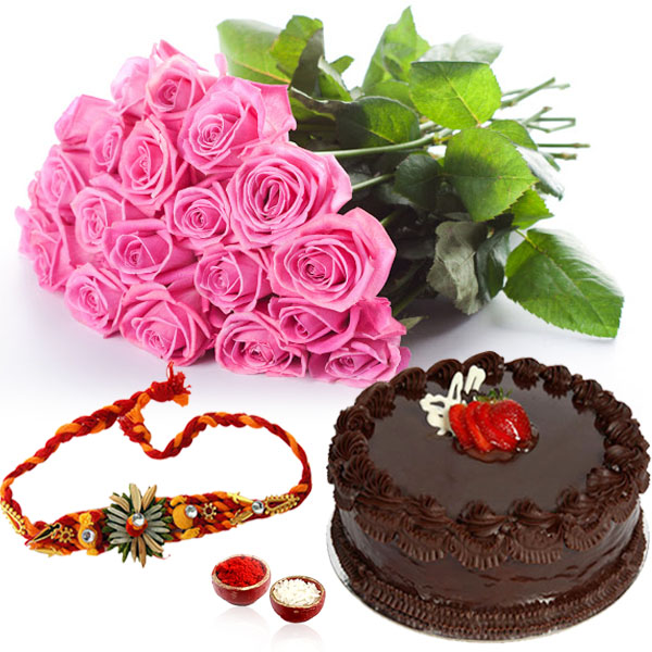 Pink Roses and Chocolate Cake with Rakhi