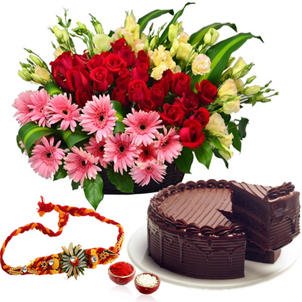 Basket of Flowers and Cake with Rakhi