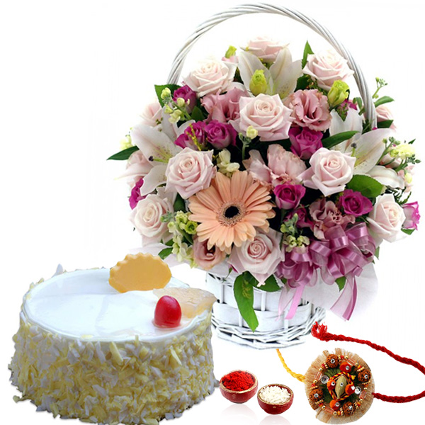 Rakhi Treat of Pineapple Cake and flowers