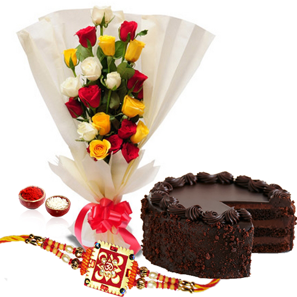 Rakhi Gift of Dark Chocolate Cake with Roses