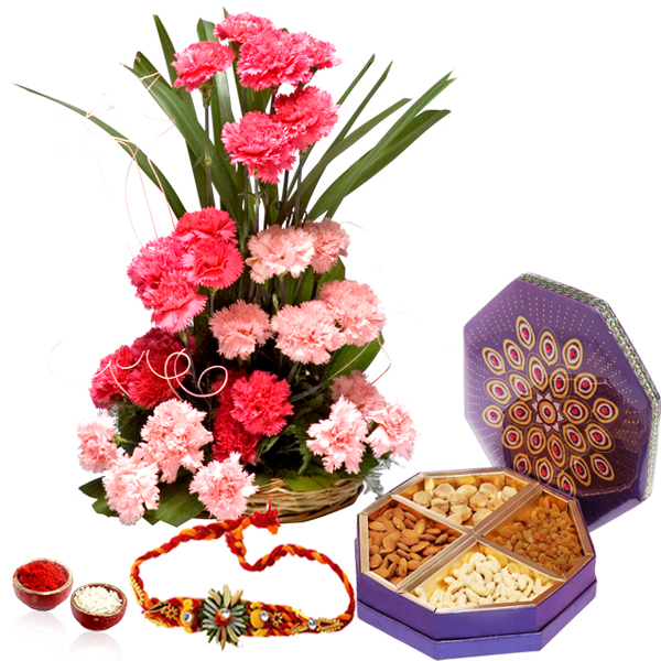 Rakhi Gift of Dry fruits and Carnations