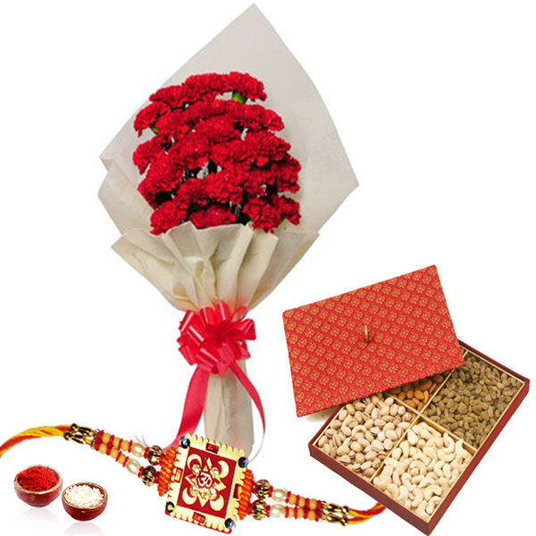 Carnations and Dry fruits with Rakhi