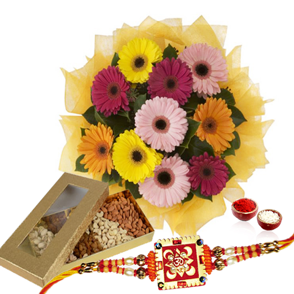 Box of Dry Fruits with Gerberas and Rakhi