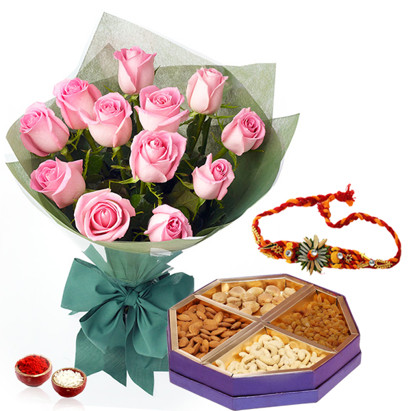 Rakhi and One Kg Dry Fruits with Roses Bunch