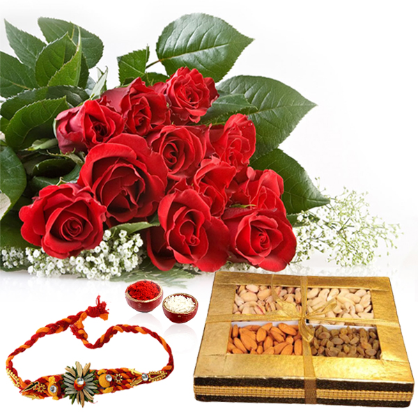 Red Roses with Rakhi and Dry Fruit Box