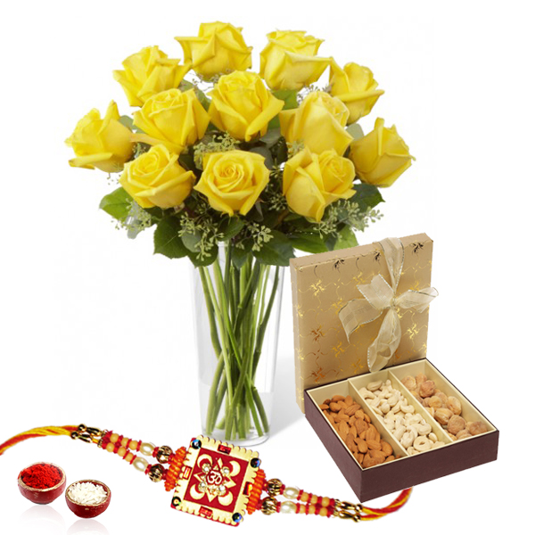 Rakhi Gift of Roses and Dry fruits