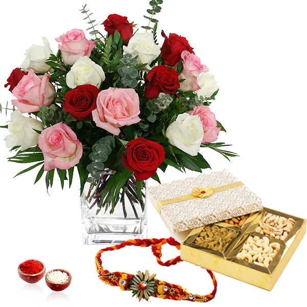 Dry fruits and Roses with Rakhi Thread