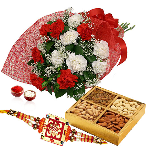 Rakhi and 500 Gms Dry Fruits with Bunch of Carnations
