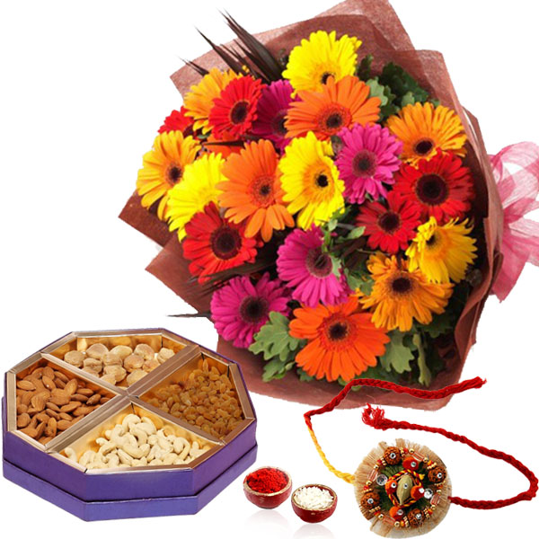 Rakhi and 20 Mix Gerberas with Dry Fruits Box