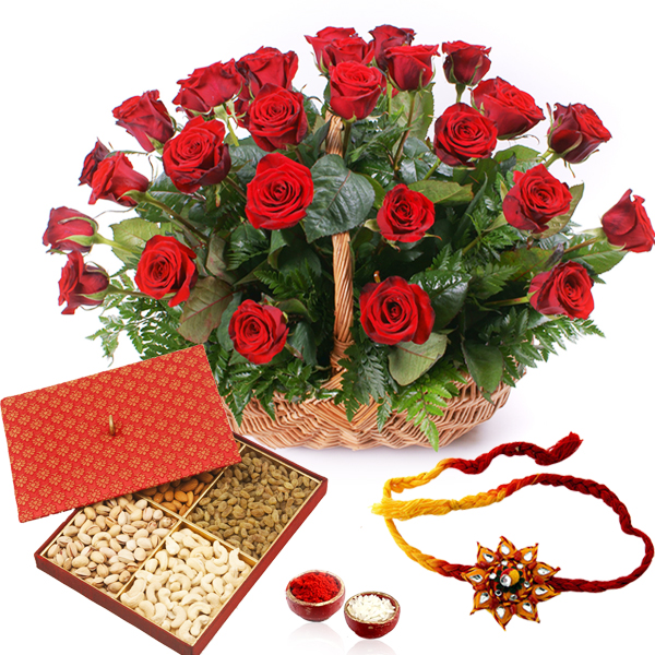 Basket of Red Roses with Dry Fruits and Rakhi