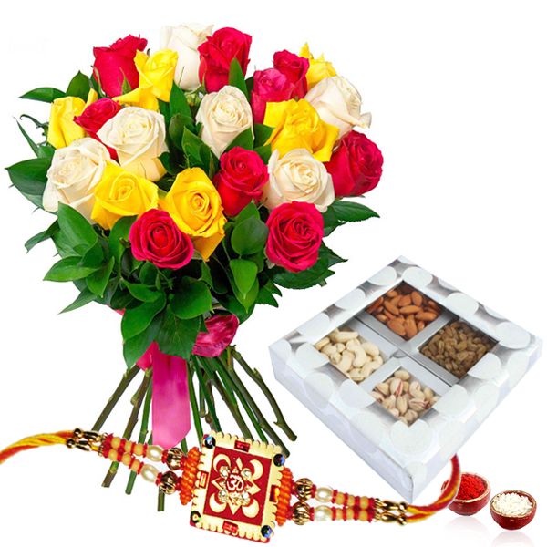 Rakhi with Assortment of Dry Fruits and Roses