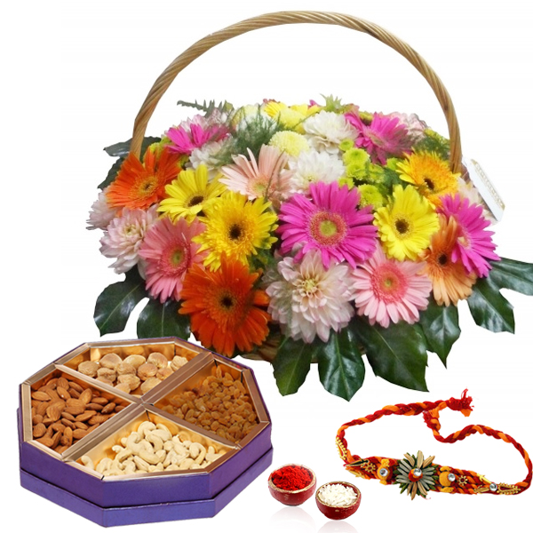Rakhi and Floral Basket with Dry Fruit Box