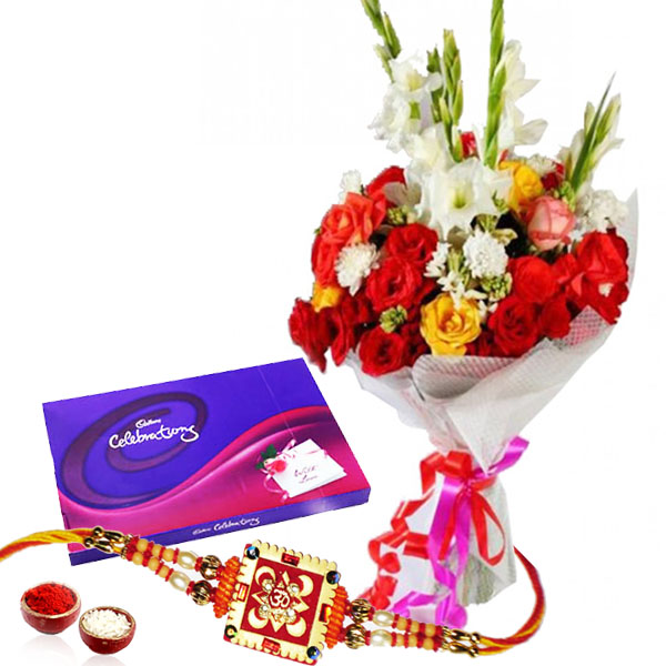 Rakhi with Cadbury Celebration Chocolates Pack and Flowers
