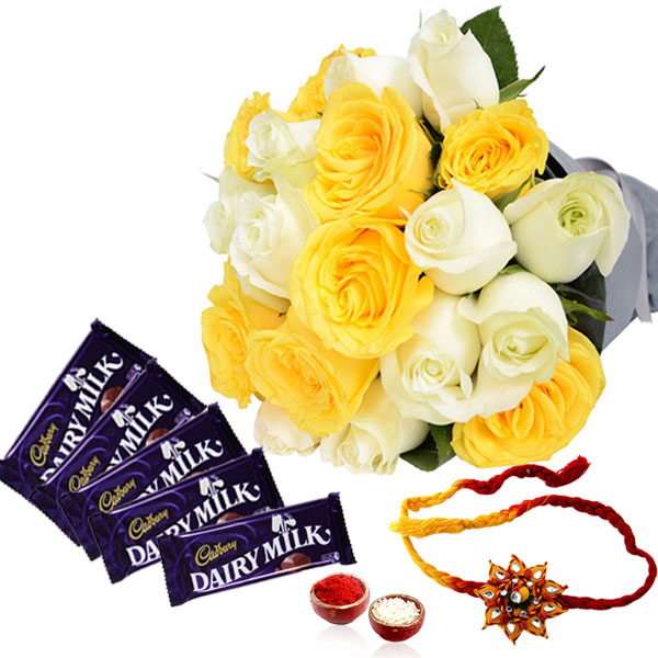 Cadbury Dairy Milk Chocolates with Rakhi and Roses