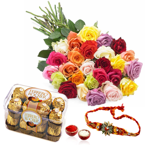 Rakhi and Ferrero Rocher Chocolates with Roses