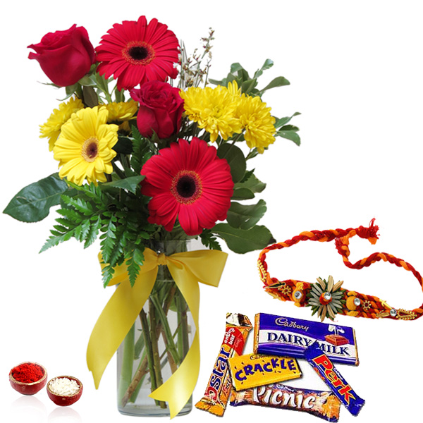 Rakhi with Mix Flowers and Mix Chocolates