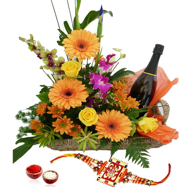 Rakhi with Basket of Mix Flowers and Wine