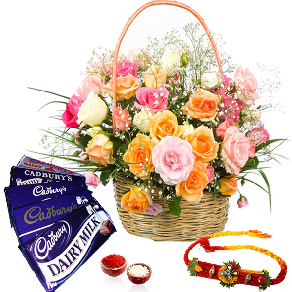 Basket of Roses and Rakhi with Dairy Milk Chocolates