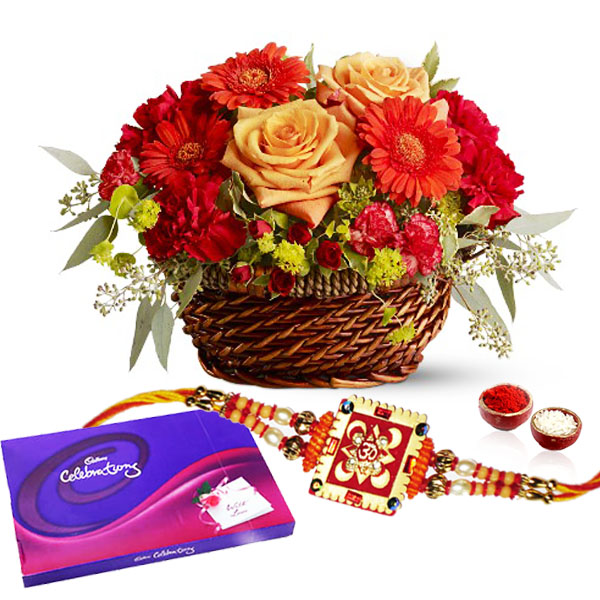 Flowers and Cadbury Celebration Pack with Rakhi