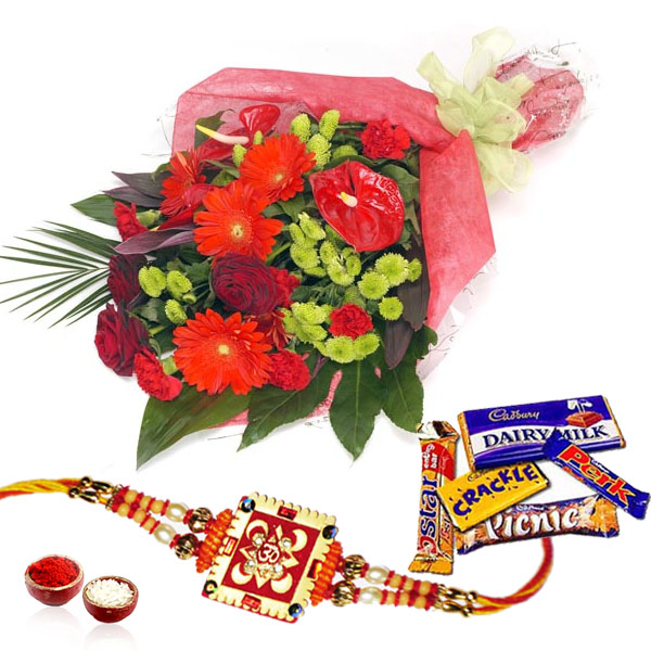 Mix Chocolates with Flowers and Rakhi