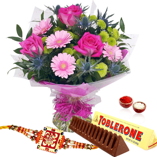 Bouquet of Flowers with Rakhi and Toblerone Chocolate