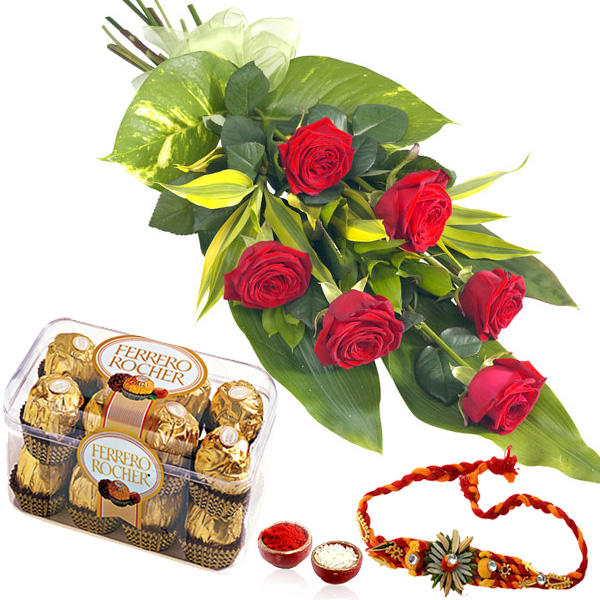 Rakhi and 6 Red Roses with Ferrero Chocolate Box