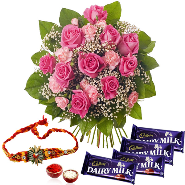 Rakhi Gift of Pink Flowers with Cadbury Dairy Milk