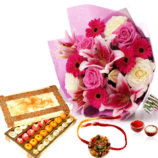 Exotic Flowers with Sweets and Rakhi