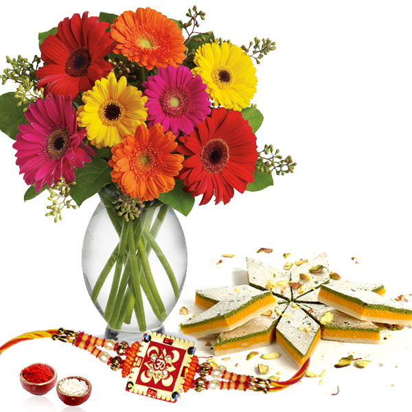 Rakhi with Kaju Sweets and Flowers Vase