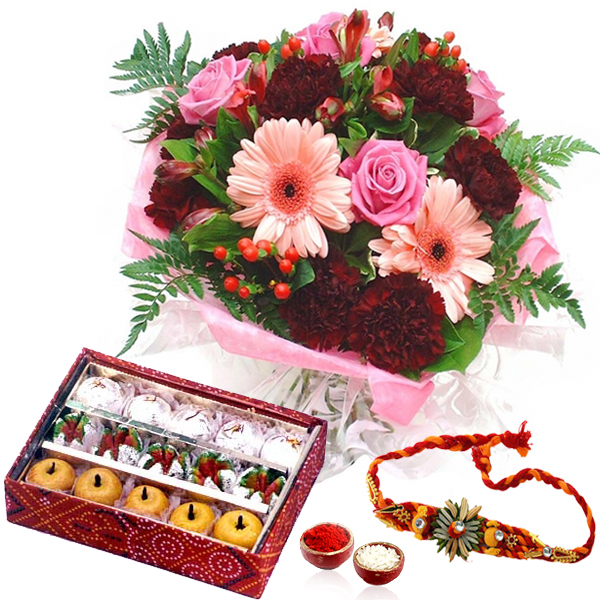 Rakhi Combo of Mix Flowers and Sweets