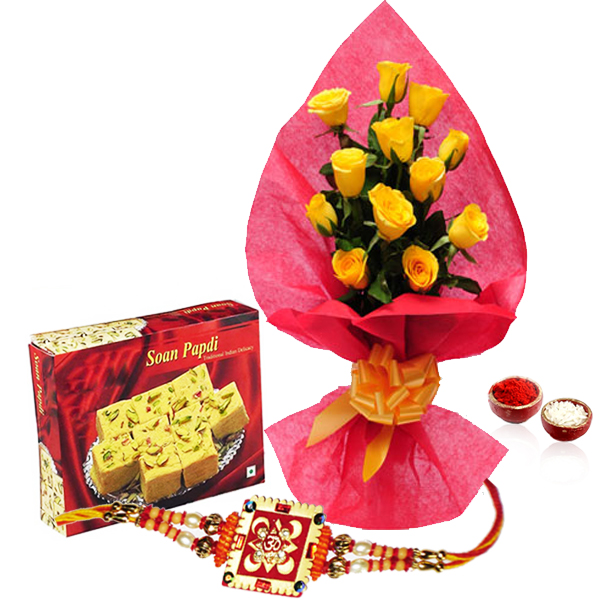 Soan Papdi With Yellow Roses and Rakhi