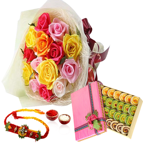 Rainbow Color Roses and Sweet with Rakhi