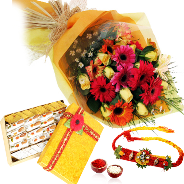 Rakhi and Bouquet of Flowers with Kaju Sweets