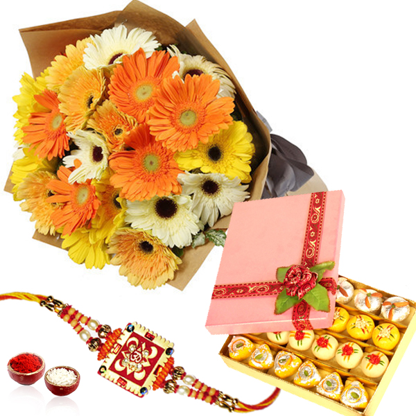 Flowers with Mix Mithai and Rakhi