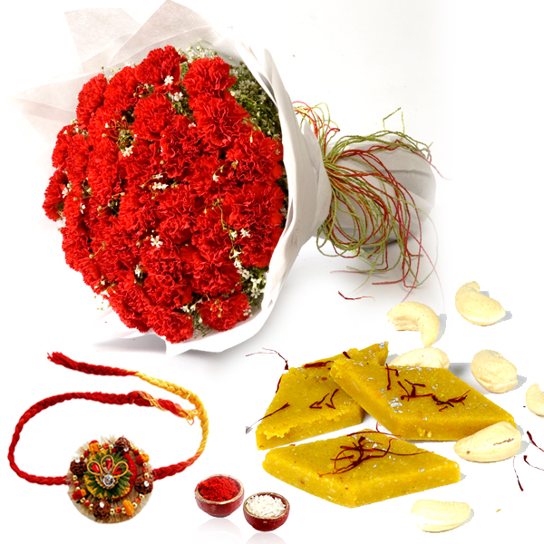 Kaju Katli with Rakhi and Red Carnations
