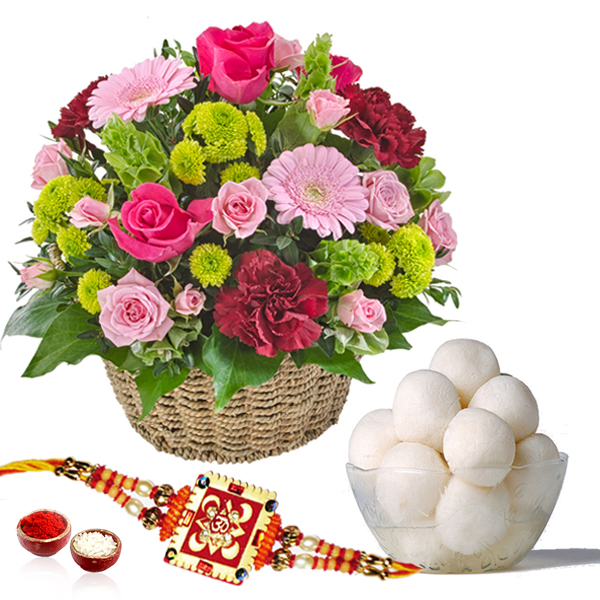 Rasgulla and Rakhi with Fresh Flowers