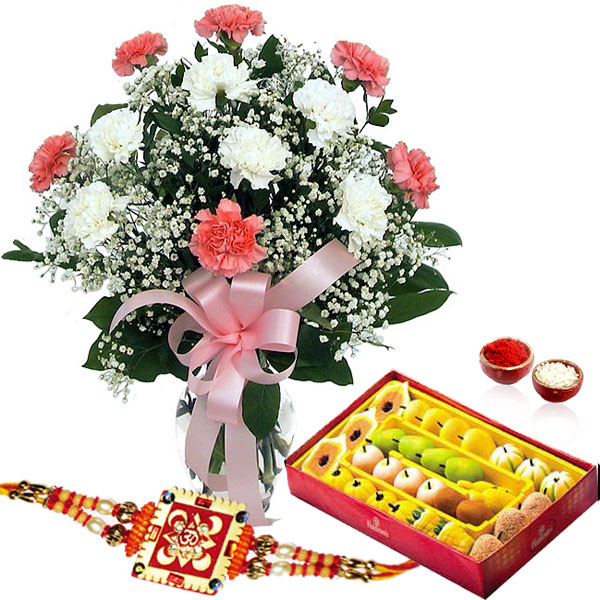 1 Kg Sweets and Rakhi with Flower Vase