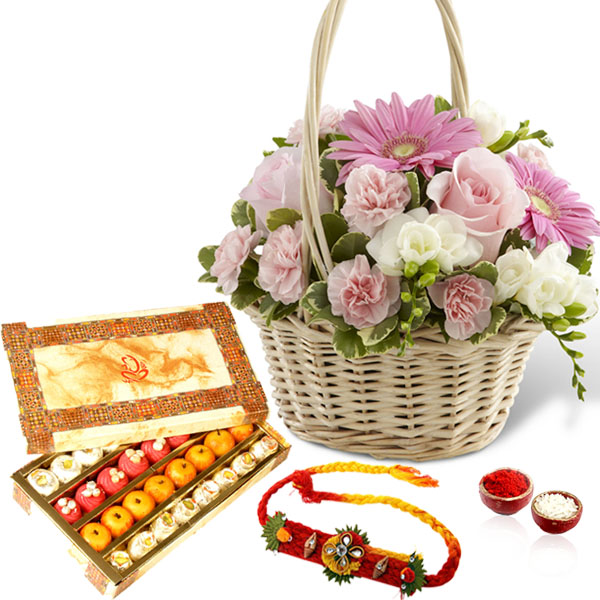 Flowers Basket with Sweet Box and Rakhi