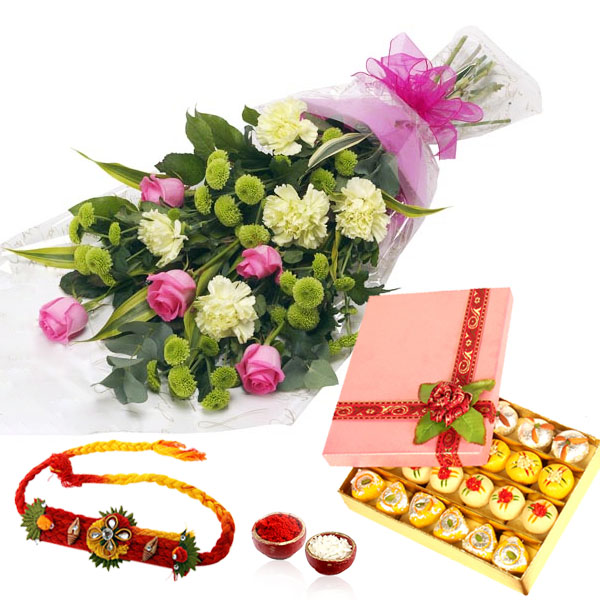 Flower Bouquet with Sweet and Rakhi