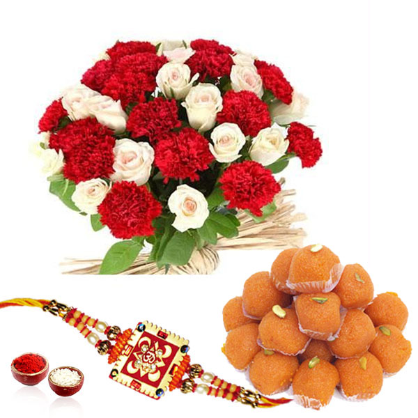 Flower Bouquet with Motichoor ladoo and Rakhi