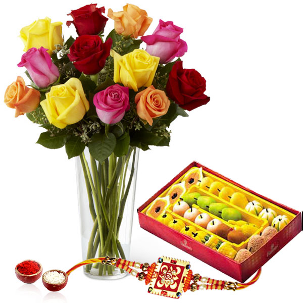 Roses Arrangement with Sweets and Rakhi
