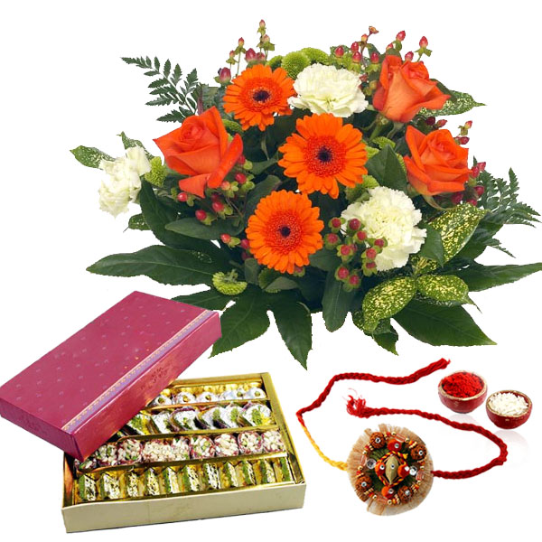 Assorted Sweets with Rakhi and Flowers Bouquet