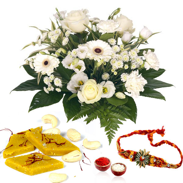 Kesar Kaju Katli with White Flowers and Rakhi
