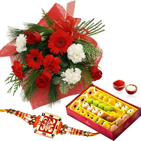 Red and White Flowers with Rakhi and Sweets