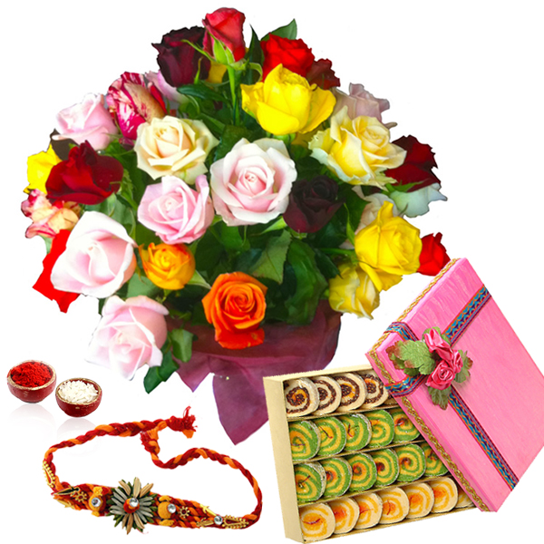 Rakhi with Assorted Kaju Sweets and Roses Bouquet