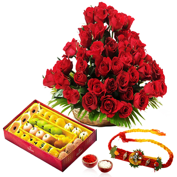 Sweets with Rakhi and Roses Arrangement